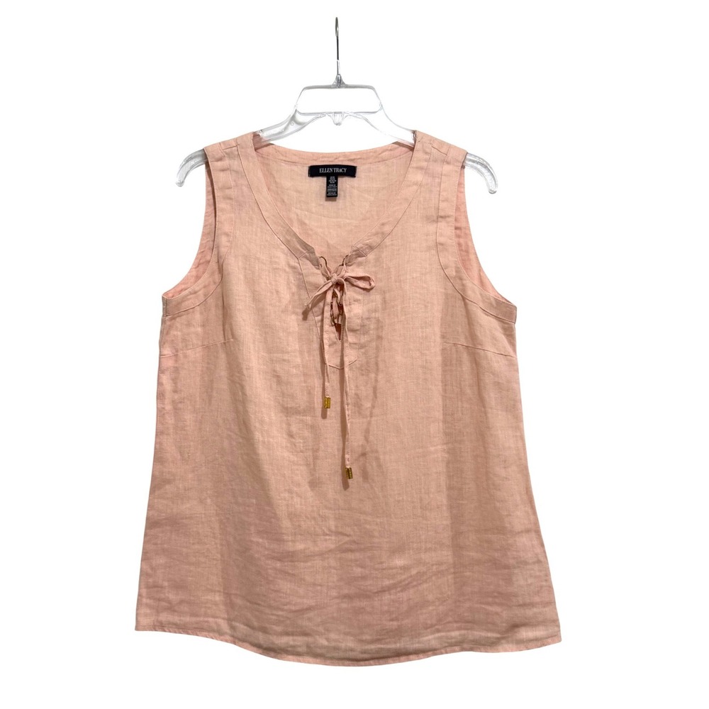 Ellen Tracy Womens Peach 100% Linen Sleeveless Lace Up V-Neck Blouse Top Size M